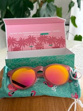 Pink Goodr Sunglasses with Yellow Mirror Lenses